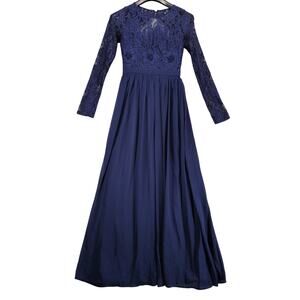 Maniju Navy Blue Lace Open Back Maxi Dress Sz S Chiffon Lined Long Sleeve Prom